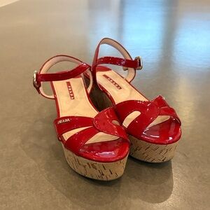 Prada patent leather sandals w/ cork wedge platform